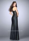 Picture of: Vegan Leather Prom Dress with Lace Up Sides and Slit in Black, Style: 23806, Back Picture