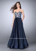 Picture of: Satin A-line Dress with Beaded Lace Top and Open Back in Blue, Style: 23881, Main Picture