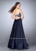 Picture of: Satin A-line Dress with Beaded Lace Top and Open Back in Blue, Style: 23881, Back Picture