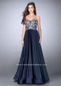 Picture of: Satin A-line Dress with Beaded Lace Top and Open Back in Blue, Style: 23881, Detail Picture 1
