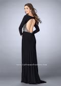 Picture of: Long Sleeve Jersey Dress with Beading and Open Back in Black, Style: 23885, Back Picture