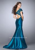 Picture of: Mikado Mermaid Dress with Lace Top and Cap Sleeves in Blue, Style: 23960, Back Picture