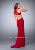 Picture of: Long Jersey Prom Dress with Lace Up Front and Back in Red, Style: 23973, Detail Picture 5