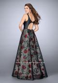 Picture of: Long A-line Rose Print Gown with Vegan Leather Top in Print, Style: 24025, Back Picture
