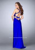 Picture of: Fitted Jersey Dress with Cut Outs a Beaded Back in Blue, Style: 24048, Back Picture