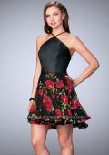 Picture of: Short Floral Dress with High Neck Vegan Leather Top in Black, Style: 24111, Main Picture