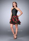 Picture of: Short Floral Dress with High Neck Vegan Leather Top in Black, Style: 24111, Detail Picture 1