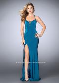Picture of: Long Fitted Jersey Prom Dress with a Lace Up Neckline in Blue, Style: 24170, Detail Picture 1