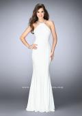 Picture of: Fitted High Neck Jersey Dress with Ruffles and Beading in White, Style: 24199, Back Picture
