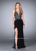 Picture of: Fitted Jersey Dress with Metallic Lace and Open Back in Black, Style: 24206, Main Picture