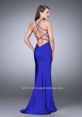 Picture of: Long Jersey Prom Dress with Ruching and Side Slit in Blue, Style: 24225, Back Picture