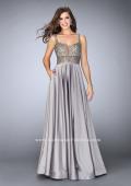 Picture of: Satin A-line Dress with Beaded Top and Deep V Neckline in Silver, Style: 24305, Detail Picture 1