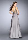 Picture of: Satin A-line Dress with Beaded Top and Deep V Neckline in Silver, Style: 24305, Detail Picture 2