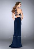 Picture of: Long Jersey Prom Gown with Sheer Strappy Back in Blue, Style: 24483, Back Picture