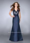 Picture of: Long Cape Prom Dress with Lace Top and V Neckline in Blue, Style: 24492, Main Picture