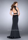 Picture of: High Neck Dress with Sheer Beaded Top and Belt in Black, Style: 24558, Back Picture
