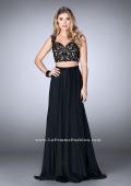 Picture of: Two Piece Chiffon Dress with Lace Top and Beaded Belt in Black, Style: 24564, Detail Picture 1