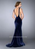 Picture of: High Neck Velvet Gown with Sheer Sides and Open Back in Blue, Style: 24605, Back Picture