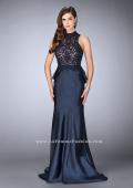 Picture of: High Neck Sheer Lace Dress with Ruffle Back Skirt in Blue, Style: 24651, Detail Picture 2