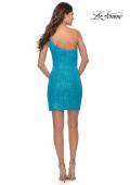 Picture of: Fitted One Shoulder Mini Dress with Slit in Bright Colors in Aqua, Style: 30934, Detail Picture 11