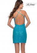 Picture of: Wrap Style Ruched Short Dress with High Slit in Bright Colors in Aqua, Style: 30984, Back Picture