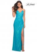 Picture of: Bright Draped Slit Long Sequin Gown with Lace Up Back in Aqua, Main Picture