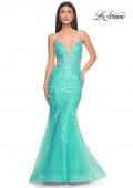Picture of: Lace and Tulle Mermaid Gown with Side Cut Outs in Aqua, Style: 31133, Main Picture