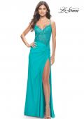 Picture of: Lace Asymmetrical Gown with Jersey Skirt and Twist Knot Detail in Neon in Aqua, Style: 31447, Main Picture