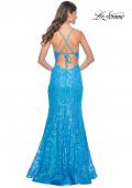 Picture of: Neon Mermaid Print Sequin Dress with Lace Up Open Back in Aqua, Style: 32337, Detail Picture 8