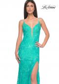 Picture of: Lace Dress with Deep V-Neck and Rhinestones in Aqua, Style: 31134, Detail Picture 9