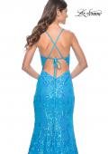 Picture of: Neon Mermaid Print Sequin Dress with Lace Up Open Back in Aqua, Style: 32337, Detail Picture 9