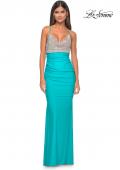 Picture of: Neon Ruched Jersey Dress with Rhinestone Mesh Draped Top in Aqua, Style: 32320, Detail Picture 13