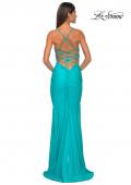 Picture of: Neon Ruched Jersey Dress with Rhinestone Mesh Draped Top in Aqua, Style: 32320, Detail Picture 14