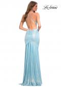 Picture of: Metallic Jersey Long Dress with Draped Neckline and Train in Blue, Style: 30633, Back Picture