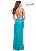 Picture of: Bright Draped Slit Long Sequin Gown with Lace Up Back in Aqua, Back Picture