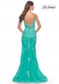 Picture of: Lace Long Dress with High Side Slit and V Neckline in Aqua, Style: 31125, Back Picture