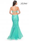 Picture of: Lace and Tulle Mermaid Gown with Side Cut Outs in Aqua, Style: 31133, Back Picture