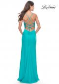 Picture of: Lace Asymmetrical Gown with Jersey Skirt and Twist Knot Detail in Neon in Aqua, Style: 31447, Back Picture