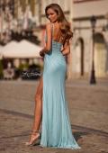 Picture of: Sheer Corset Fitted Gown with Slit and Ruched Detail in Aqua, Style: 33358, Back Picture