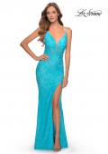 Picture of: Floor Length Lace Prom Dress with Sheer Bodice in Aqua, Style: 28591, Detail Picture 1