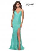 Picture of: Stretch Lace Dress with Lace Up Back and Rhinestones in Aqua, Style: 28632, Detail Picture 1