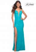 Picture of: Bright Stretch Lace Prom Dress with Deep V Neckline in Aqua, Detail Picture 1
