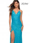 Picture of: Open Back Warp Style Sequin Dress in Bright Colors in Aqua, Detail Picture 1