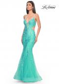 Picture of: Lace and Tulle Mermaid Gown with Side Cut Outs in Aqua, Style: 31133, Detail Picture 1
