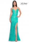 Picture of: Lace Dress with Deep V-Neck and Rhinestones in Aqua, Style: 31134, Detail Picture 1