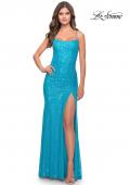 Picture of: Lace Up Back Sequin Gown with Flare Skirt in Bright Colors in Aqua, Style: 31509, Detail Picture 1