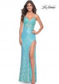 Picture of: Sequin and Beaded Lace Gown with High Slit and Illusion Bodice in Aqua, Style: 32211, Detail Picture 1