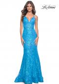 Picture of: Neon Mermaid Print Sequin Dress with Lace Up Open Back in Aqua, Style: 32337, Detail Picture 1