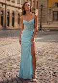 Picture of: Sheer Corset Fitted Gown with Slit and Ruched Detail in Aqua, Style: 33358, Detail Picture 1