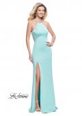Picture of: Long Halter Prom Dress with Beaded Straps and Slit in Aqua, Style: 25459, Detail Picture 2